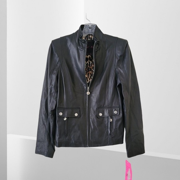 Betsey Johnson Genuine Leather Biker Moto Jacket Black SMALL